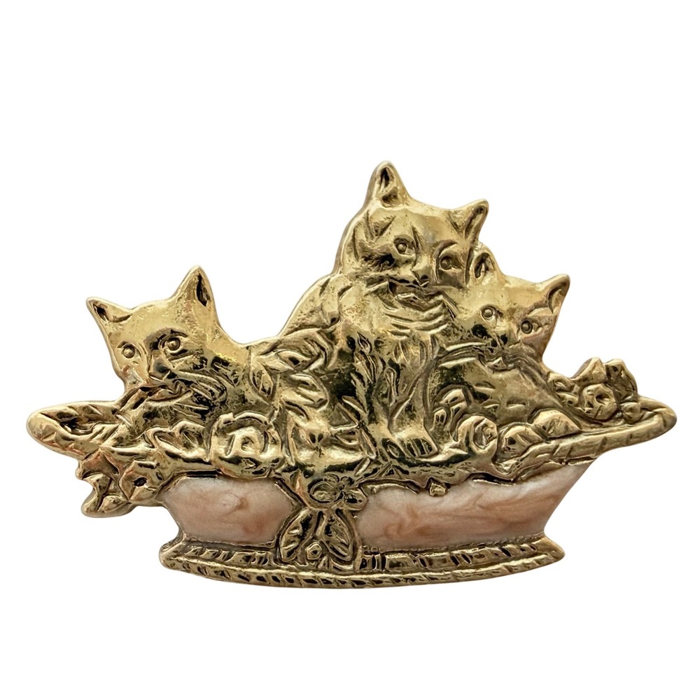 Kitten Brooch Pin Women Gold Tone Three Kittens in Basket Vintage Enamel Retro